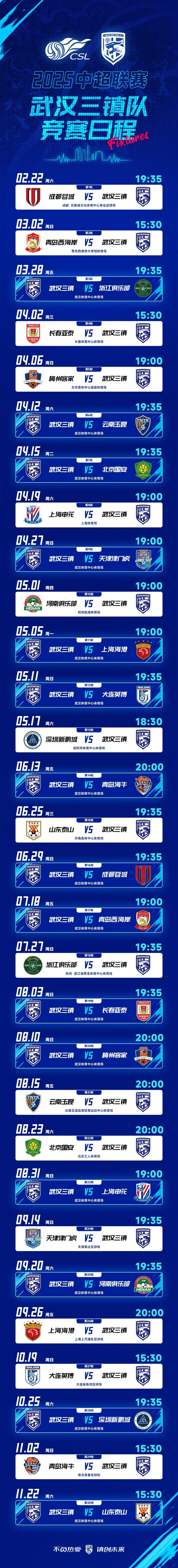 2025赛季中超联赛武汉队赛程对阵日程表（持续更新中）-第1张图片-ZBLOG